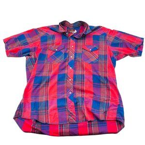 Vintage Wrangler XL Plaid Button-Down Western Shirt Red/Blue Cotton Blend Men's‎